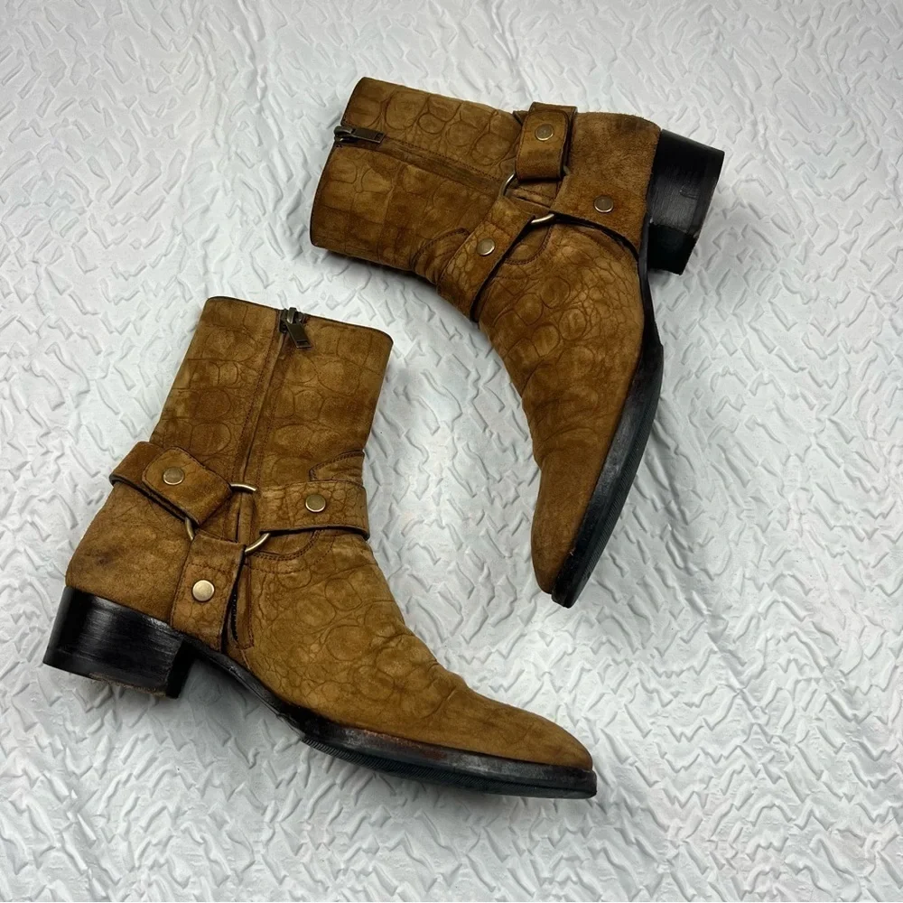 Saint Laurent Men's Wyatt Croc Embossed Harness Boots
